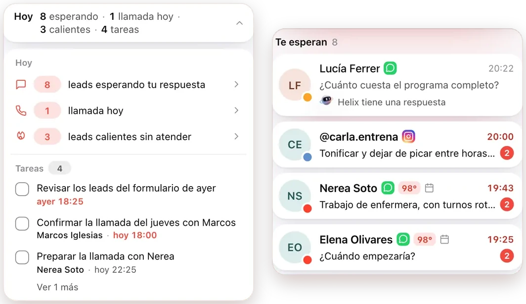 Bandeja de Helix: ocho leads esperando respuesta, una llamada hoy y tres leads calientes