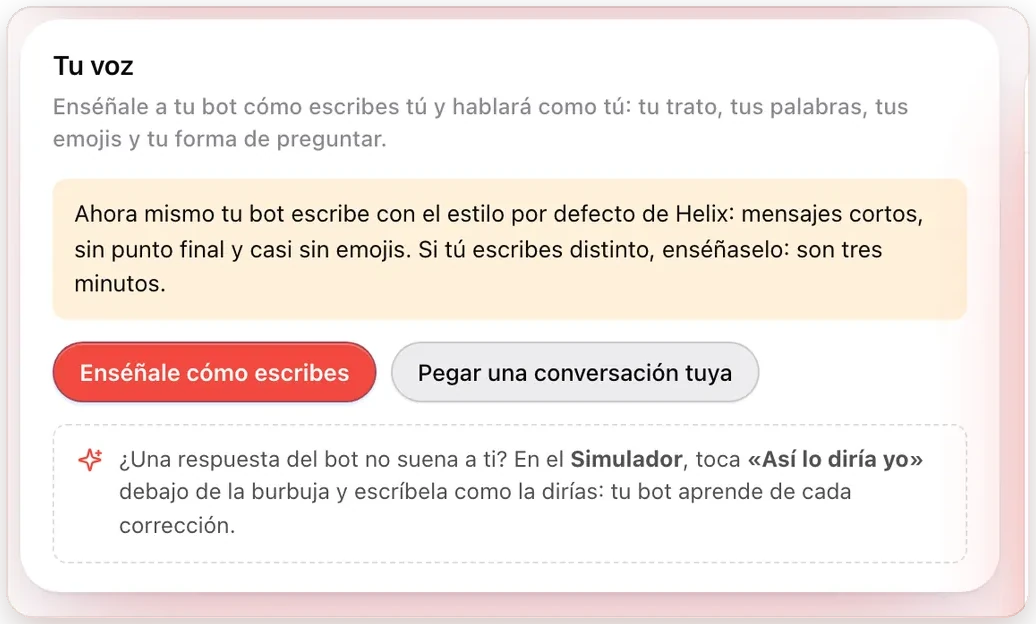 Sección «Tu voz» de Helix: enséñale a tu bot cómo escribes para que hable como tú