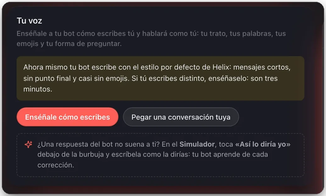 Sección «Tu voz» de Helix: enséñale a tu bot cómo escribes para que hable como tú